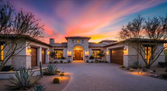 Luxury desert home at sunset with sky and modern landscaping with real estate