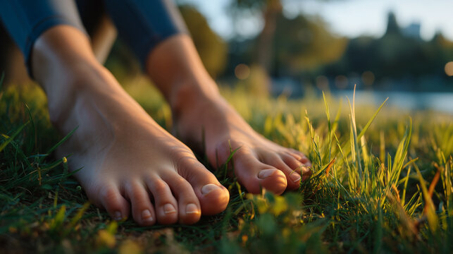Trauma survivor practices grounding technique pressing bare feet firmly into grass feeling earth connection while using five senses exercise to return to present moment during emot