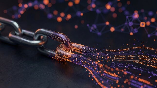 Blockchain technology and data security concept, 3D render of metal chain links transitioning into digital code. Cybersecurity and supply chain tracking for network protection.