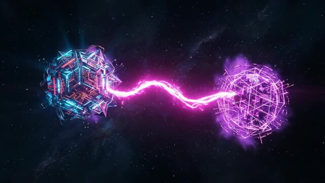 Two abstract technological objects floating in deep space. Glowing lightning connects a complex cube and a wireframe sphere, exchanging energy