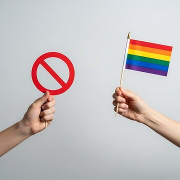 Hands Holding a Rainbow Pride Flag and a Red Prohibition Sign Representing Discrimination and Anti-LGBTQ Sentiment