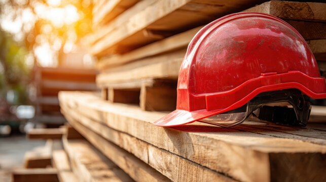 A Red Construction Hard Hat with Integrated Face Shield Rests on Stacked Lumber Outdoors