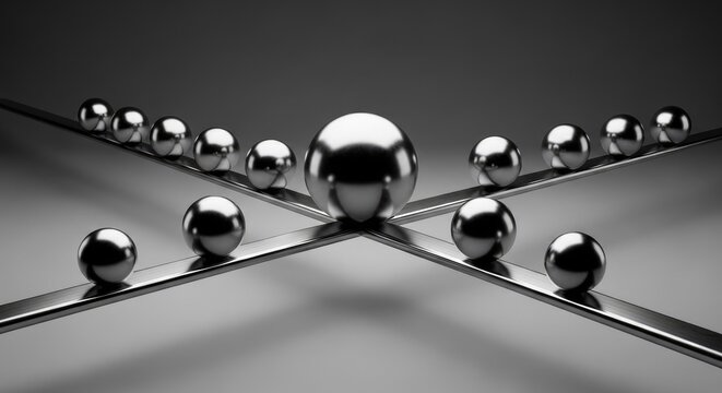 Metallic spheres aligned on intersecting lines creating a modern abstract design