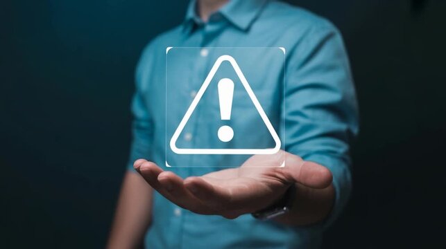 Hand presenting bug fixing hologram with warning symbol 4K 