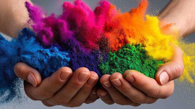 Process of applying vibrant colored gulal powder during Holi festival celebration with hands throwing rainbow pigments mid-air against white backdrop creating explosive cloud effec