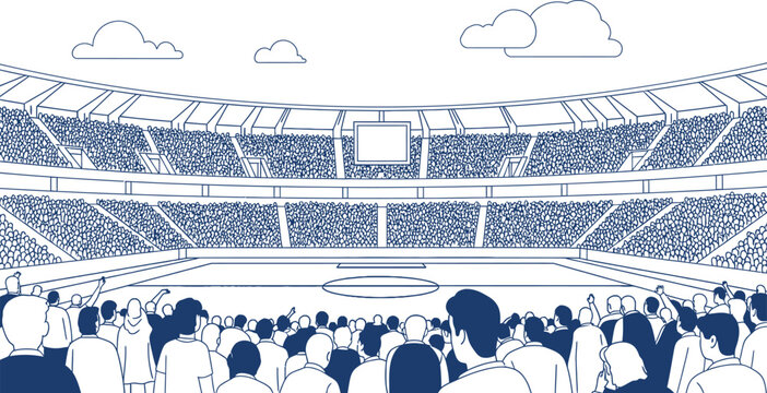 A massive, detailed illustration showcases a packed sports stadium filled with a cheering crowd, eagerly anticipating or reacting to a thrilling event unfolding on the vibrant green playing field.