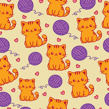 cute cartoon cats with yarn balls seamless seamless pattern on pastel background.