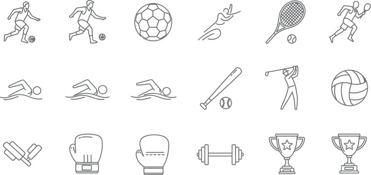 A comprehensive collection of modern line art icons representing various athletic activities, competitive games, and fitness equipment, perfect for digital design projects and user interfaces.