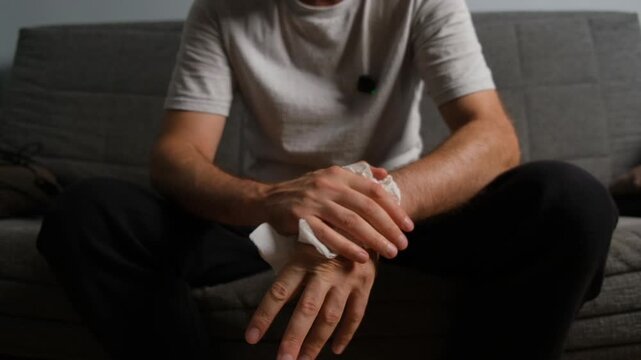 Torso of a nervous man sitting on a couch, anxiously rubbing and crumpling a tissue in his hands