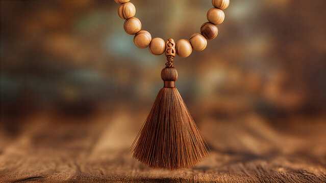 Islamic Wooden Prayer Beads Tasbih with Brown Tassel on Wooden Background