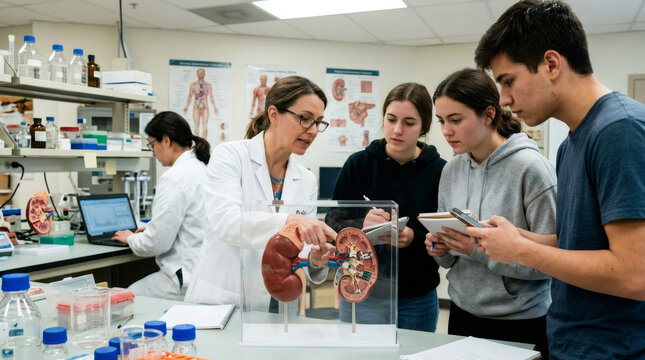 Woman professor showing kidney model to students in laboratory. Anatomy class in university. Science education, medical research, biology study, academic classroom, professor instructing youth.