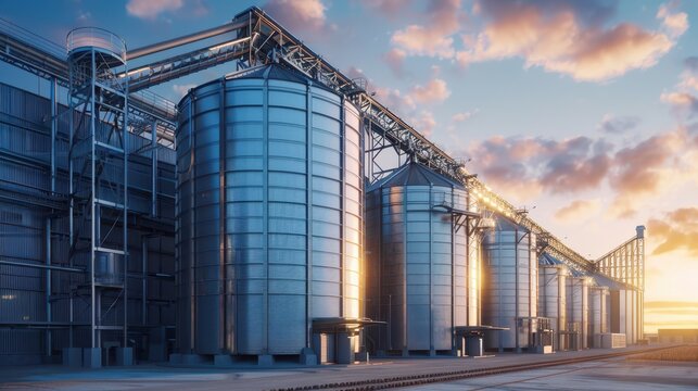 Metallic grain silos standing in a row on a farm field under blue sky