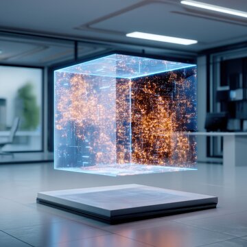 A rotating holographic data cube floating in mid air. Complex algorithms and light patterns inside translucent walls. Sci fi lab.