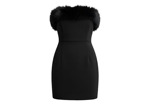 Luxurious Black Strapless Mini Dress with Fur Trim on white background , Isolated on Transparent Background, PNG, Generative AI 
