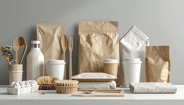 Zero waste kitchen essentials with eco-friendly biodegradable packaging on white countertop