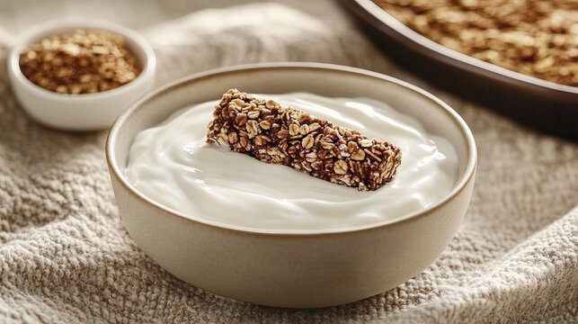 A bowl of yogurt with a granola bar on top and a side of oatmeal on a table