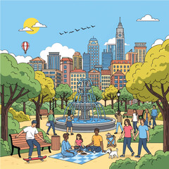 City Park Scene with People Relaxing. © Harsono
