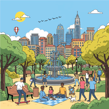 City Park Scene with People Relaxing.