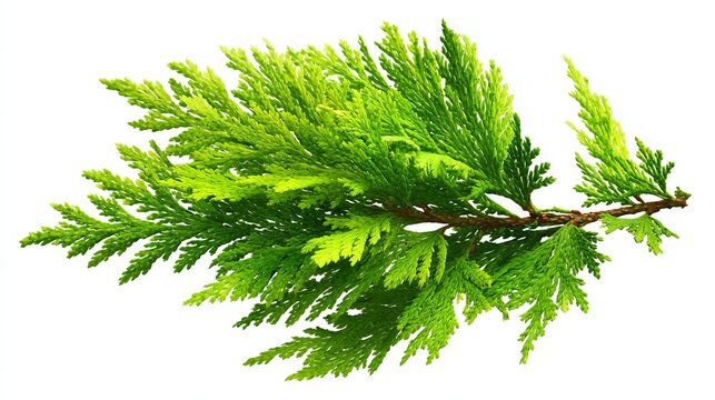 A vibrant green branch of an evergreen tree against a clean white background