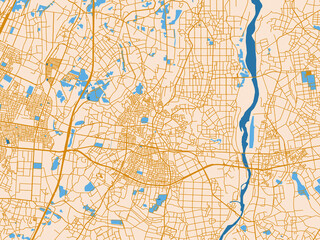 Fototapeta premium City map of Yuki, Japan — warm cream background with golden road lines and bright blue water in a clean flat cartographic style