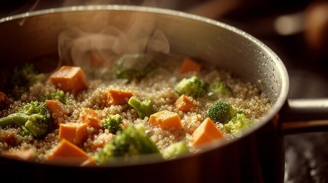 Quinoa, vegetables and healthy eating in a pan for nutritious meal preparation with sweet potato, broccoli and quinoa grains steaming on stovetop. Wellness, diet and vegan food with balanced