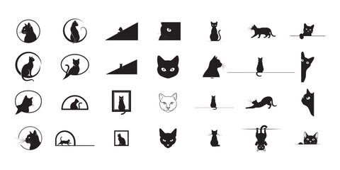 Fototapeta premium Cute Cat Icons Collection-Black Silhouette Kitty Poses and Pet Vector Set