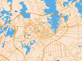 Fototapeta premium Cartographic city illustration of Anseong, Republic of Korea — light cream city field with mustard-gold linework and vivid blue lakes, rivers and waterways