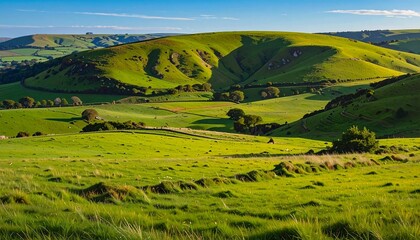 Obraz premium Rolling green hills under clear blue sky with pastoral landscape and summer sunlight