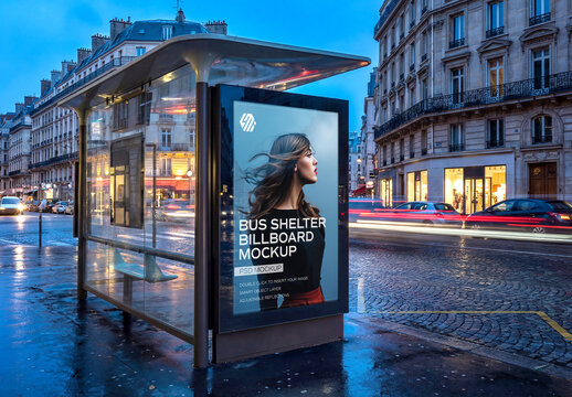 Billboard Bus Shelter In Paris City at Night Mockup