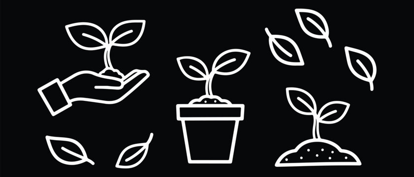 Minimalist Eco-Friendly Plant Growth Icon Set Featuring Simple and Elegant Botanical Line Icons, Perfect for T-Shirt Printing, Apparel Design, Eco-Friendly Branding, Sustainability Graphics, and Moder