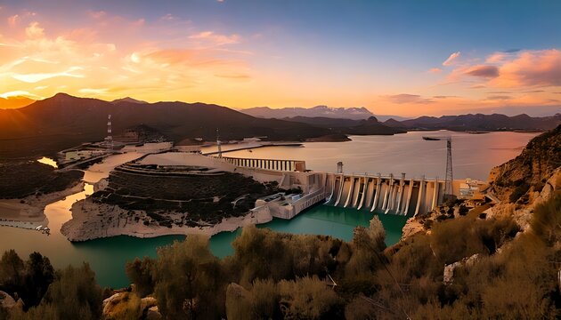 A vast dam structure spans a large reservoir under a vibrant sunset sky. Mountains and vegetation frame the scene
