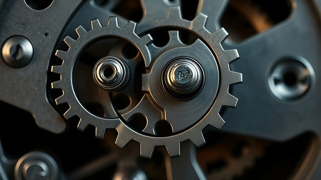 disengaging. A single metal gear disengaging from a complex clockwork mechanism. safety posters, maintenance manuals, designed for precision metalworking and fabrication facilities.