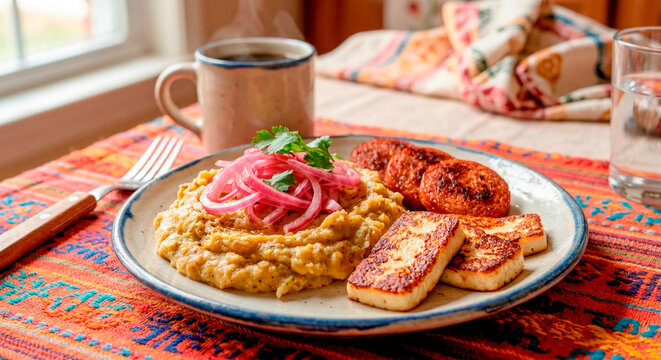 Savory breakfast plate with mofongo, fried cheese, and sausage, served with coffee