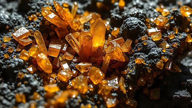 sphalerite. Golden and brown mineral crystals embedded in dark rock, sparkling in sunlight. STEM education sheets, lab safety posters, designed for STEM education and laboratory safety posters.