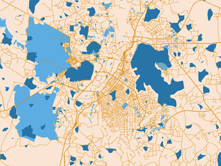 Fototapeta premium Urban map poster of Anuradhapura, Sri Lanka with light cream city field with mustard-gold linework and vivid blue lakes, rivers and waterways