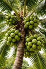 Fototapeta premium Low-angle view looking up at a coconut palm tree trunk with multiple clusters of green coconuts and long fronds against a bright sky.