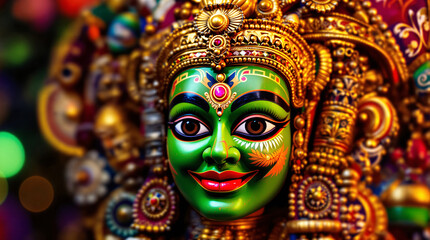 Fototapeta premium Vibrant Kathakali Dancer Face with Traditional Green Makeup and Ornate Golden Headgear Close-up Heritage Illustration
