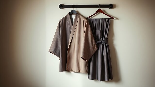 kataginu. A formal Japanese kamishimo garment hanging on a hanger. event programs, museum guides, designed for cultural heritage projects and event programs.