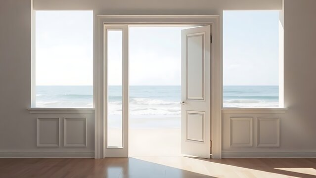 prepuce. Interior door opening onto a bright, serene beach with calm waves. travel magazines, destination branding, wall prints, designed for travel destination branding, used by interior designers.