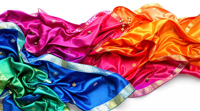 Flowing Colorful Indian Silk Saree Fabrics with Gold Embroidery and Zari Borders Isolated on White Background