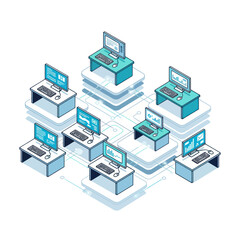 Fototapeta premium Isometric illustration of a network of computers connected in a digital environment.