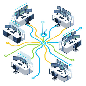 Isometric Network of Computer Workstations Connected to a Central Hub.
