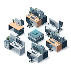 Fototapeta premium Isometric Office Workspaces Connected to a Central Server.