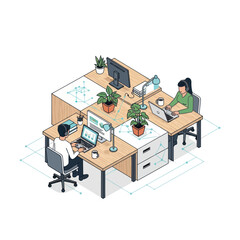 Fototapeta premium Two people working diligently at their desks in a modern office setting.