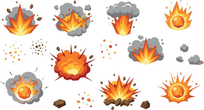 Vector Illustration of Explosive Blast Effects with Fire, Smoke, and Debris for Dynamic Action and Graphic Design Themes