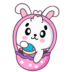 Obraz premium A cute cartoon bunny peeking out of a pink Easter egg with a colorful candy in its hand