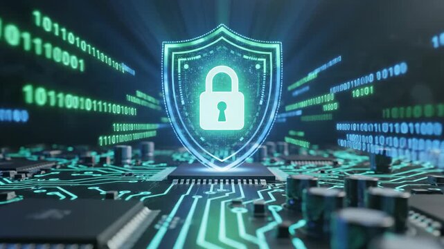 Cybersecurity concept with shield and lock.