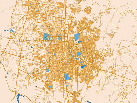Street network map of Aguascalientes, Mexico, featuring soft ivory map base with ochre-gold streets and clear blue water shapes for crisp contrast