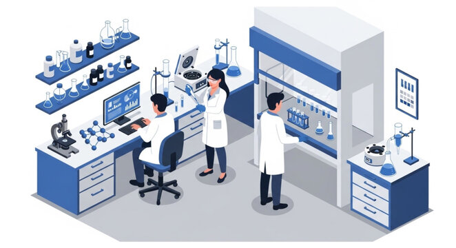 Isometric Laboratory Scene with Scientists Conducting Experiments and Research.