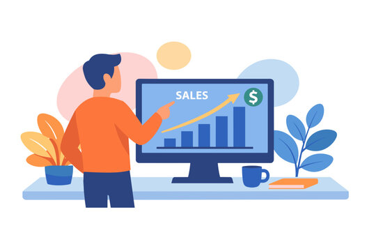 Man analyzing sales growth chart on computer screen.